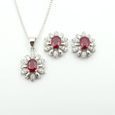Authentic RUBY | 925 Pure Silver Jewellery Set | Earrings ctw 3.8 - Pendant ctw 2.5