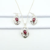 July Birthstone Real RUBY 925 Hallmarked Silver Earrings-Pendant Jewellery Set