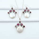 925 Silver Ethically Sourced BIWA PEARL, RUBY Earrings-Pendant Set Weight 15.4 gms
