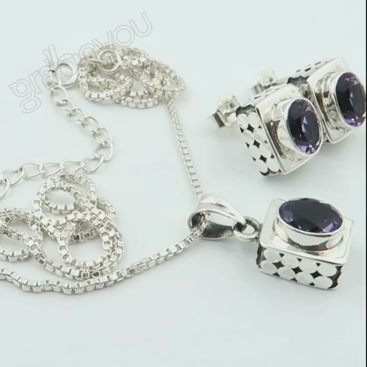 Grade Silver Premium Quality AMETHYST Box Earrings-Pendant Set | Luxury Gift for Her