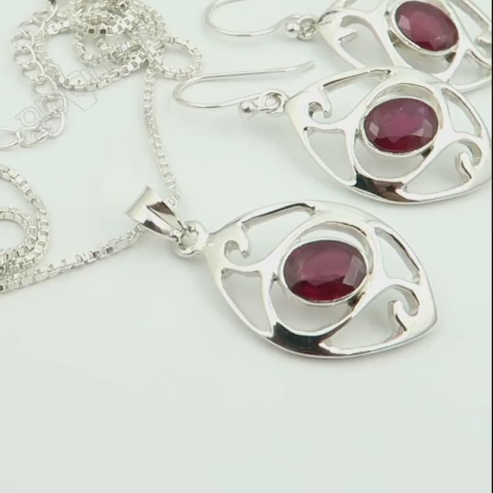 July Birthstone Real RUBY 925 Hallmarked Silver Earrings-Pendant Jewellery Set