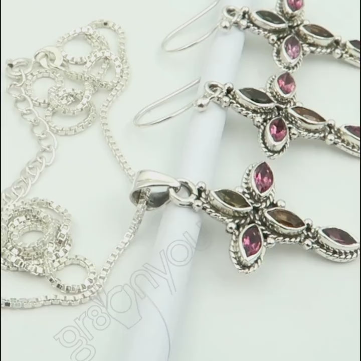 Originaler Mix-TURMALIN 925er Feinsilber Schmuck-Kreuz-Set | Oktober-Geburtsstein