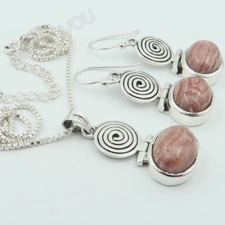 Pure Silver Natural Oval RHODOCHROSITE Spiral Jewellery Set | Free Silver Chain