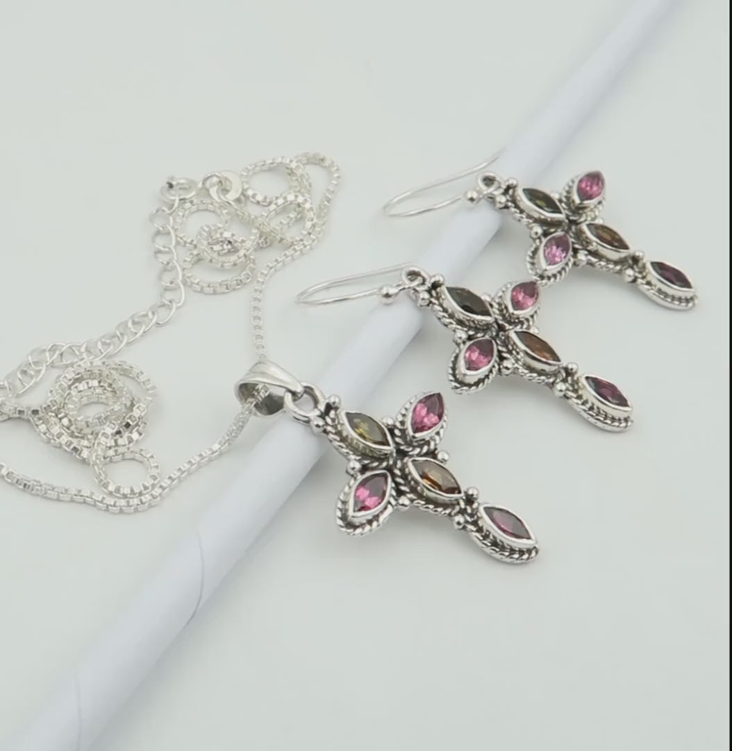 Original MIX TOURMALINE 925 Fine Silver Jewellery Cross Set | October Birthstone