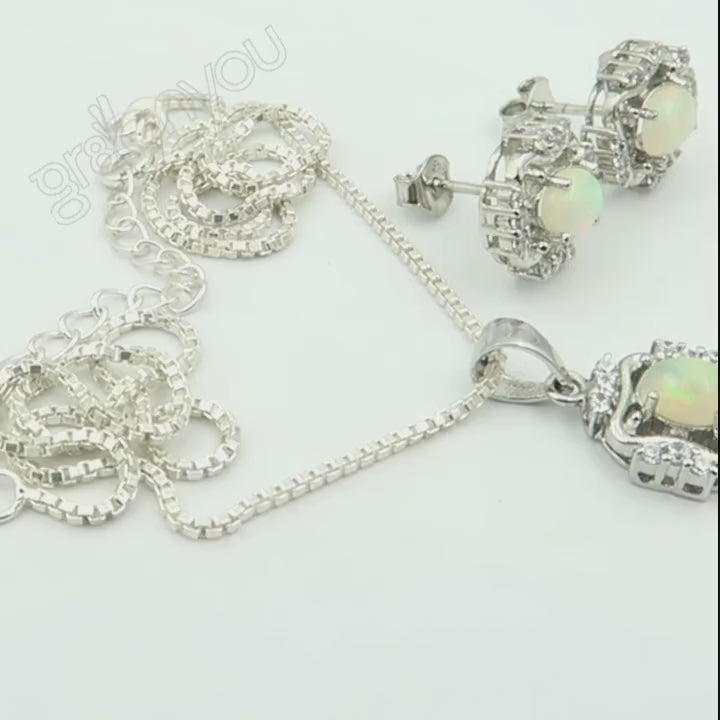 Silver 925 AAA Grade ETHIOPIAN OPAL Earrings-Pendant Jewellery Set | Bonus Chain