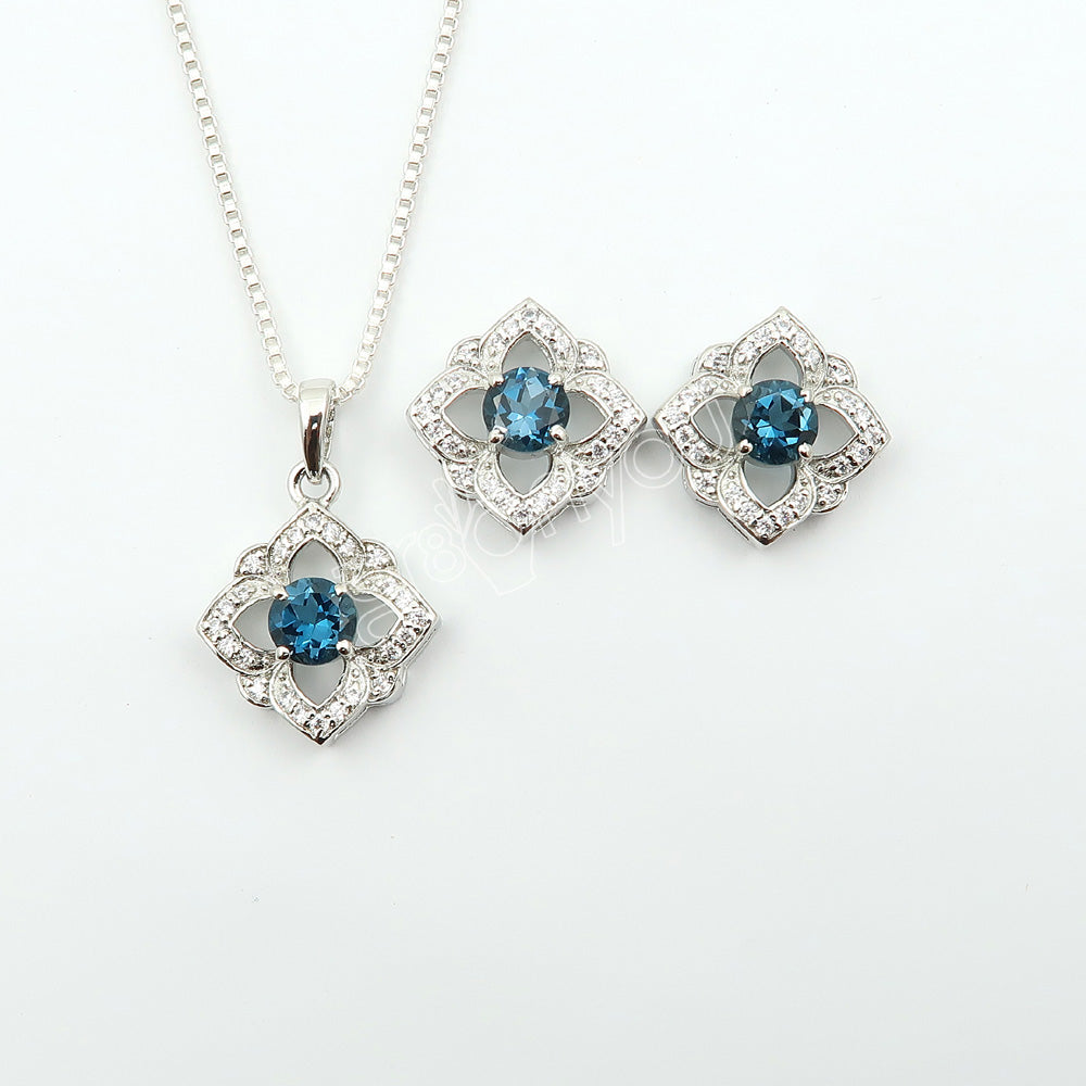 Natural London Blue Topaz 925 Solid Silver Earrings-Pendant Jewelry Set – With Silver Box Chain