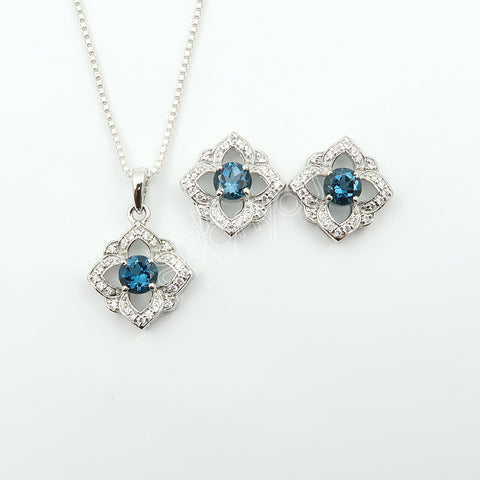 Natural London Blue Topaz 925 Solid Silver Earrings-Pendant Jewelry Set – With Silver Box Chain