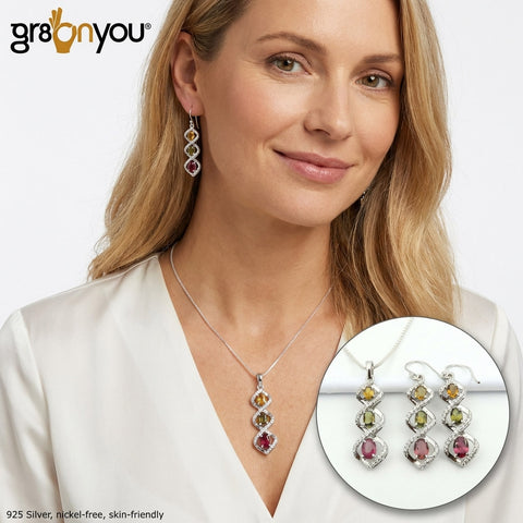 3.7 grams Box Chain Free | Genuine MIX TOURMALINE Sterling 925 Silver Jewellery Set