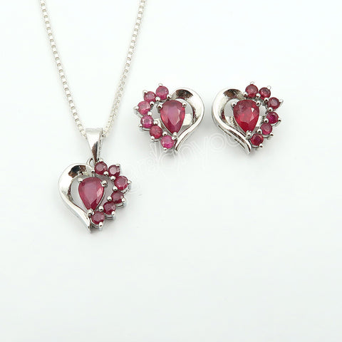 Schmuckset mit Ohrringen und Anhängern aus massivem 925er Silber mit natürlichem Rubin – mit silberner Panzerkette
