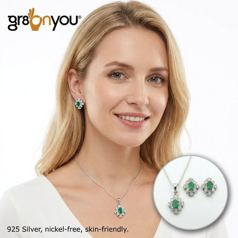 EMERALD Pure 925 Silver Earrings-Pendant Jewellery Set – With Silver Box Chain