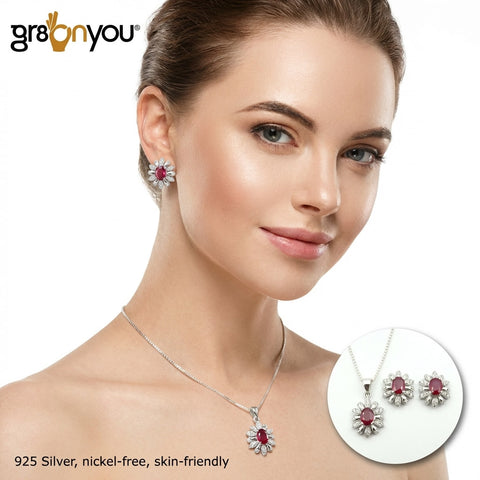 Authentic RUBY | 925 Pure Silver Jewellery Set | Earrings ctw 3.8 - Pendant ctw 2.5