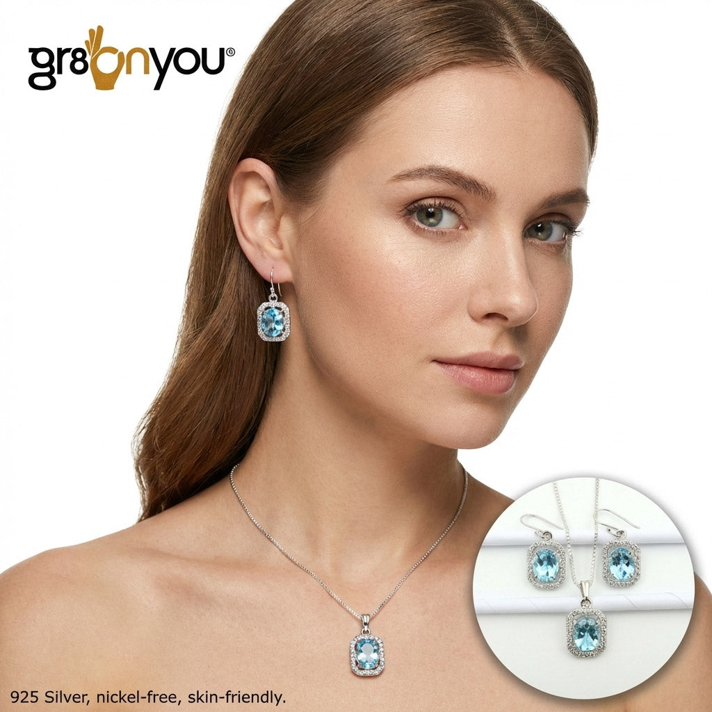 925 Solid Silver Natural BLUE TOPAZ Jewellery Set | Secure Gemstone Mount
