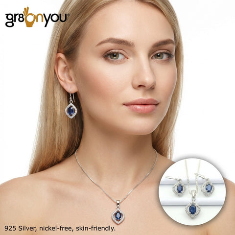 Authentic 925 Sterling Silver | Premium Grade SAPPHIRE Earrings-Pendant Jewellery Set