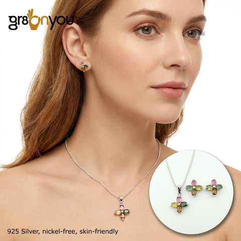 Genuine 925 Silver Earth-Mined MIX TOURMALINE Jewellery Set | Skin-Friendly Materials