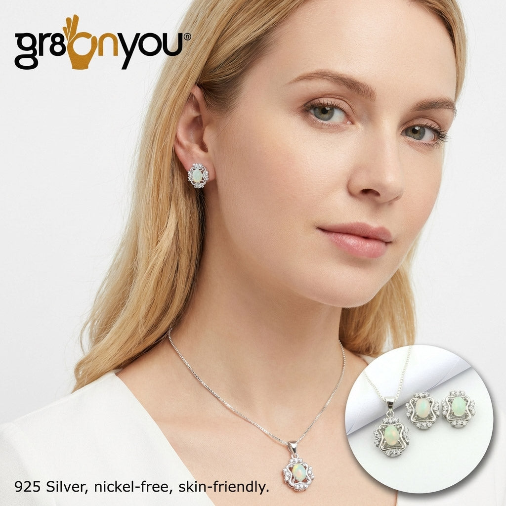 Silver 925 AAA Grade ETHIOPIAN OPAL Earrings-Pendant Jewellery Set | Bonus Chain