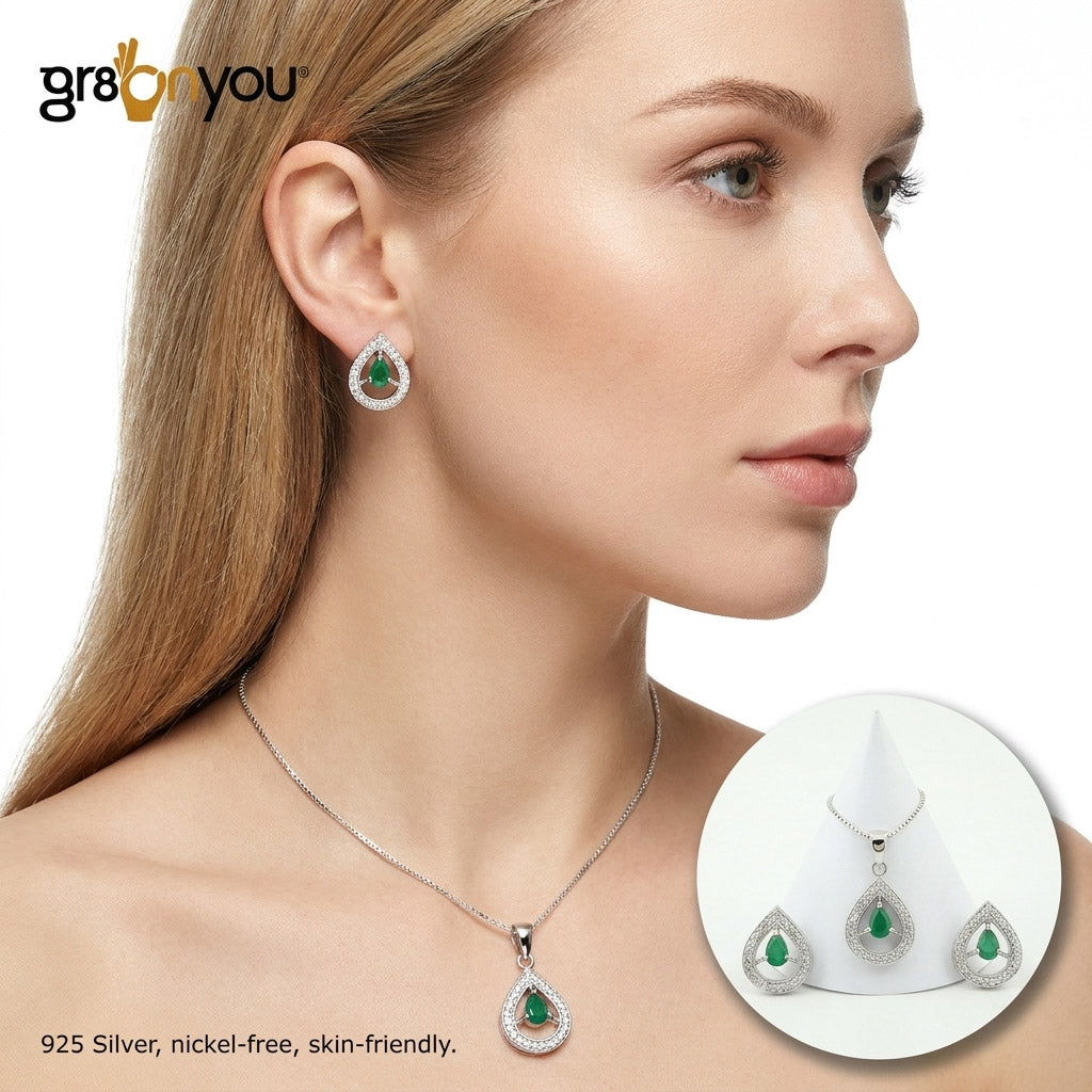 Signature Craftsmanship | EMERALD 925 Grade Silver Earrings-Pendant Jewellery Set