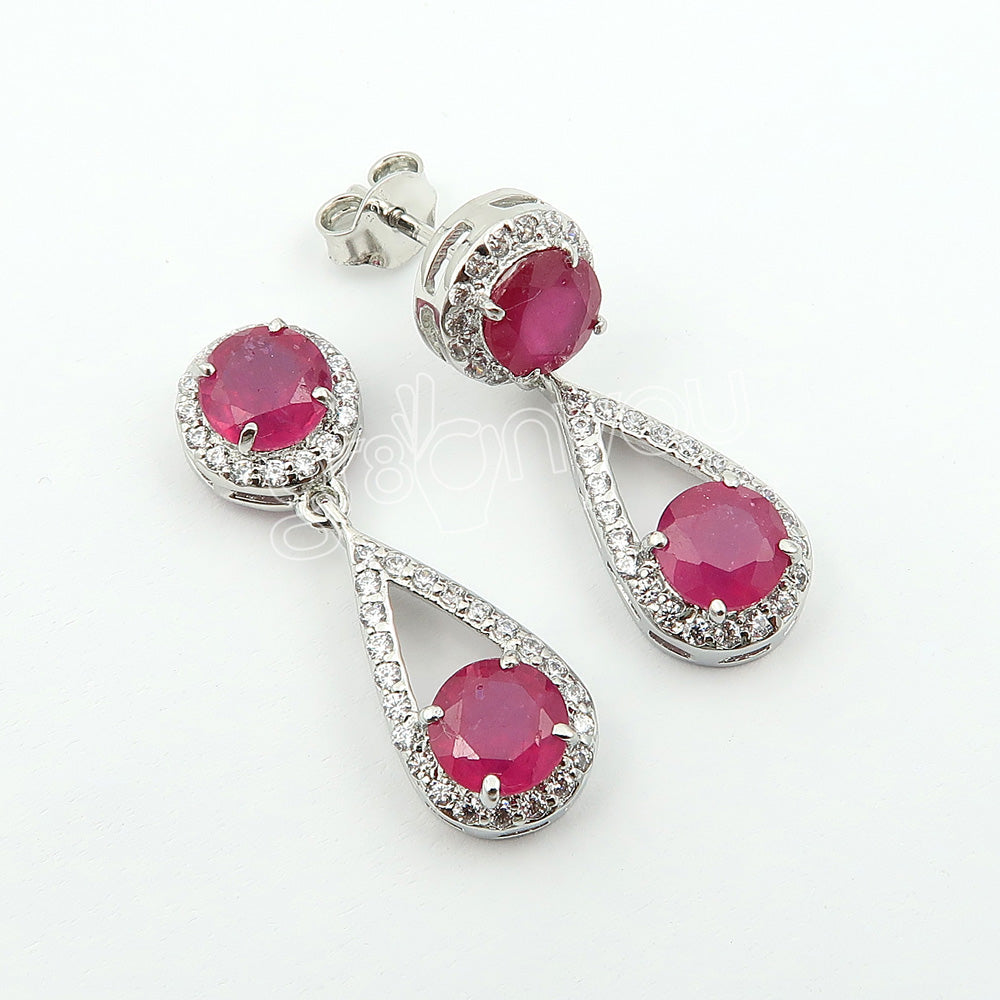 Schmuckset mit Ohrringen und Anhänger aus echtem Rubin, 925er Sterlingsilber, mit silberner Panzerkette