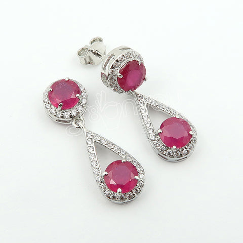 Schmuckset mit Ohrringen und Anhänger aus echtem Rubin, 925er Sterlingsilber, mit silberner Panzerkette