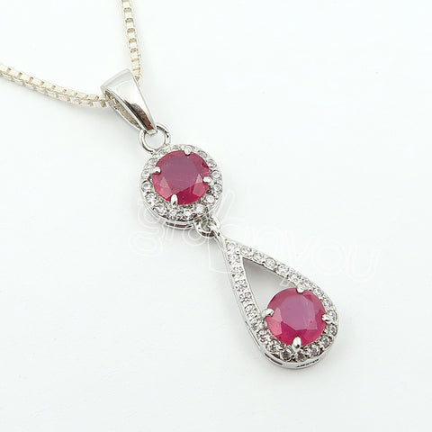 Schmuckset mit Ohrringen und Anhänger aus echtem Rubin, 925er Sterlingsilber, mit silberner Panzerkette