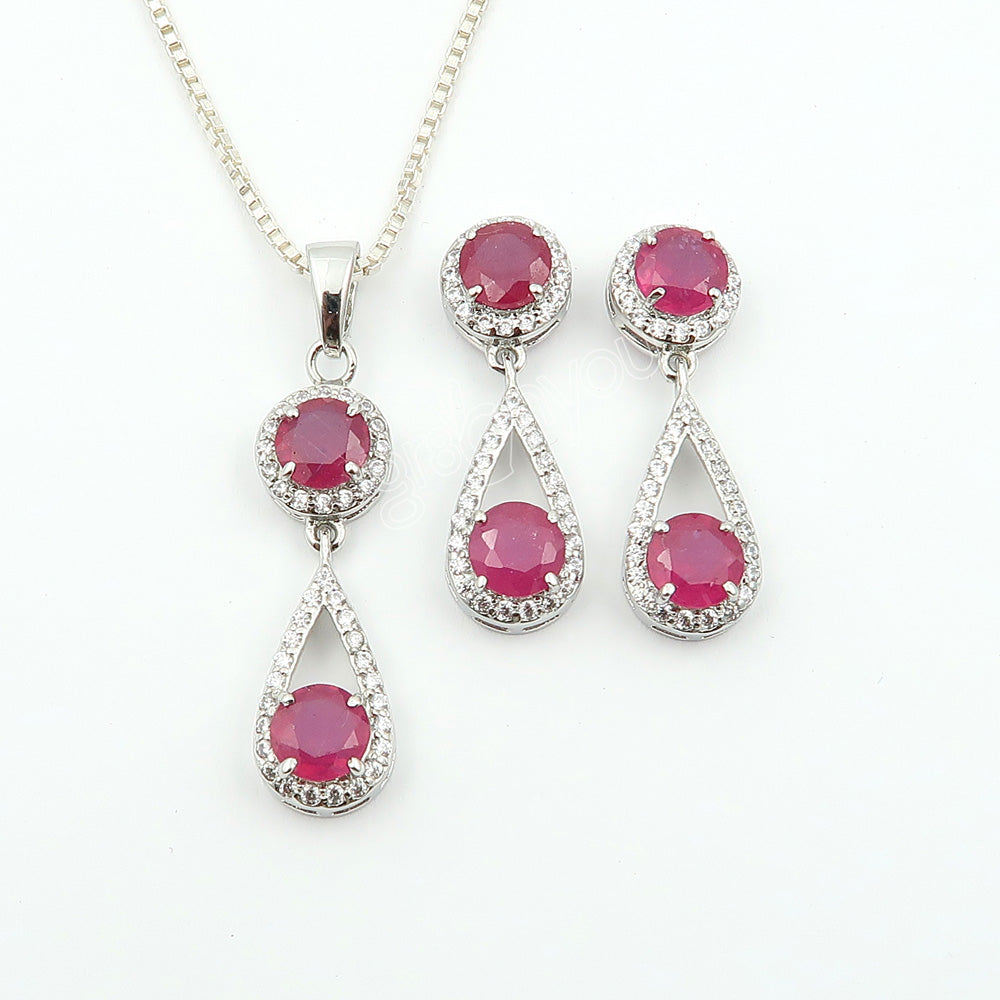 Schmuckset mit Ohrringen und Anhänger aus echtem Rubin, 925er Sterlingsilber, mit silberner Panzerkette