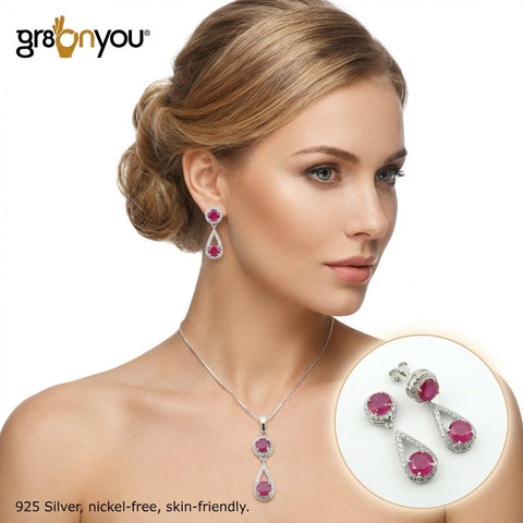 Red Cut RUBY 925 Silver Jewellery Set | Earrings 4.9 grams, Pendant 2.8 grams