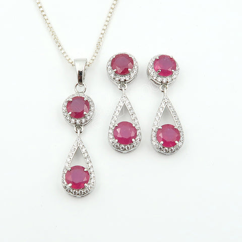 Schmuckset mit Ohrringen und Anhänger aus echtem Rubin, 925er Sterlingsilber, mit silberner Panzerkette