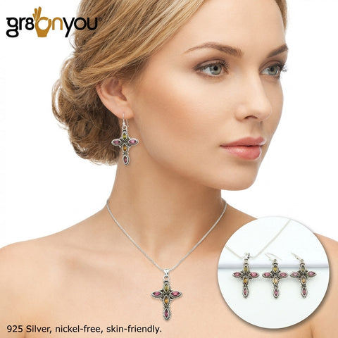 Originaler MIX-TURMALIN 925er Feinsilber Schmuck-Kreuz-Set | Oktober-Geburtsstein