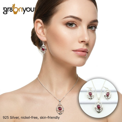 July Birthstone Real RUBY 925 Hallmarked Silver Earrings-Pendant Jewellery Set