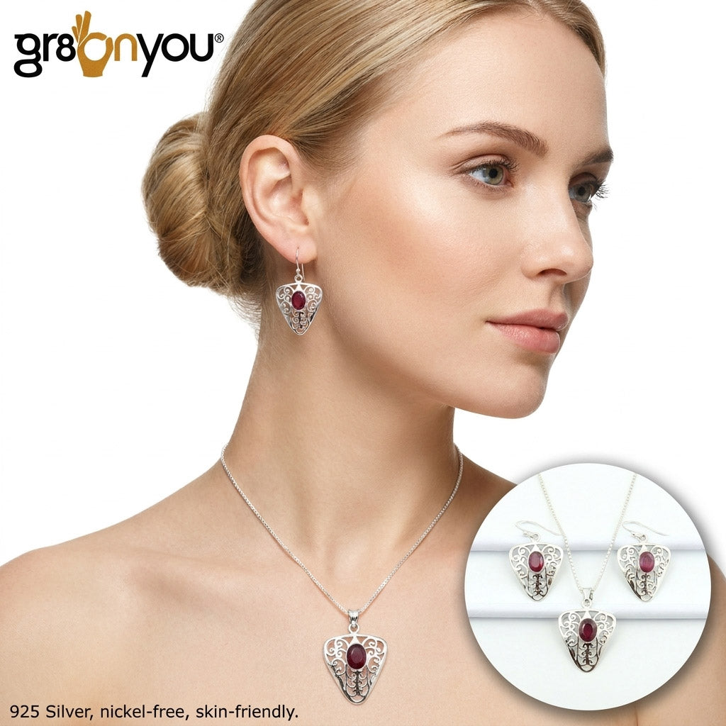 925 Solid Silver Earrings-Pendant Jewellery Set | Authentic RUBY July Birthstone