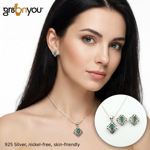 Rare EMERALD 925 Fine Silver Celtic Style Jewellery Set | Reinforced Setting Design