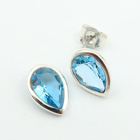 925 Sold Silver Real Swiss Blue Topaz Gemset Earrings Jewellery | Length 1.1 cm