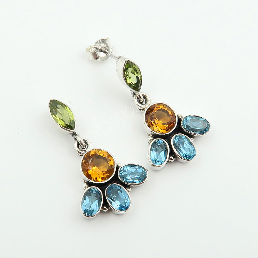 Fine Silver Peridot, Citrine, Swiss Blue Topaz Stud Earrings | Strong Stone Hold