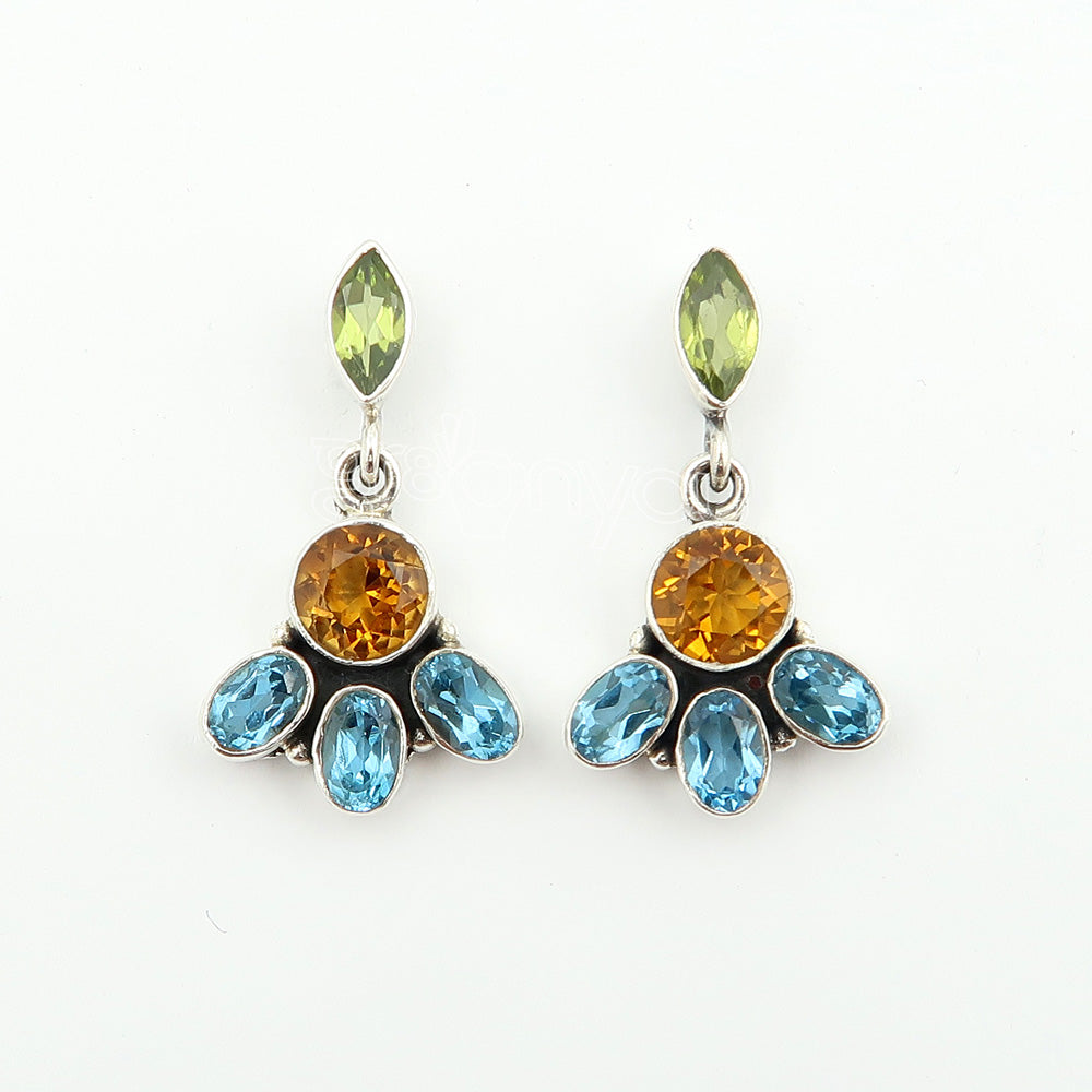 Fine Silver Peridot, Citrine, Swiss Blue Topaz Stud Earrings | Strong Stone Hold