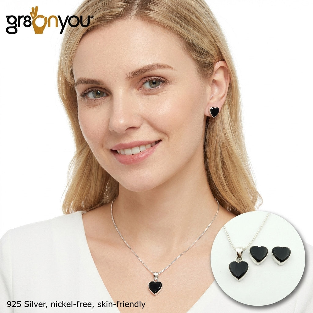 Gepunztes Silber-Schmuckset mit SCHWARZEM ONYX in Superqualität | Weltweit im Trend