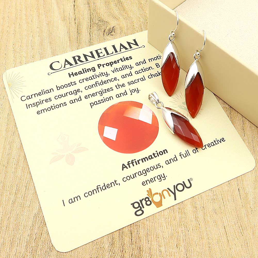Natural Carnelian Gem Fine Silver Earrings-Pendant Set | Exclusive Artisan Drop