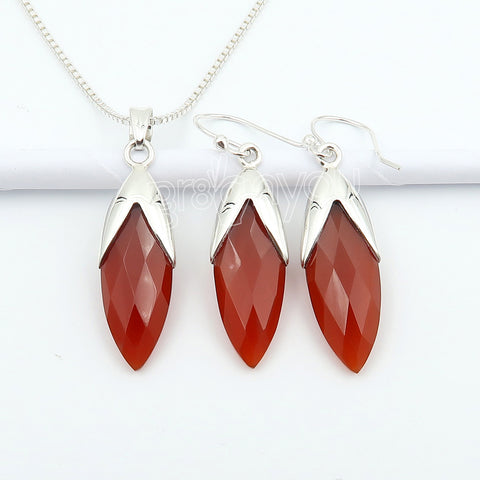 Natural Carnelian Gem Fine Silver Earrings-Pendant Set | Exclusive Artisan Drop