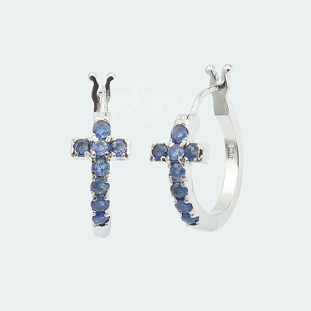Real Sapphire Hallmarked Silver Cross Hoops Earrings | Ideal for Frequent Travelers