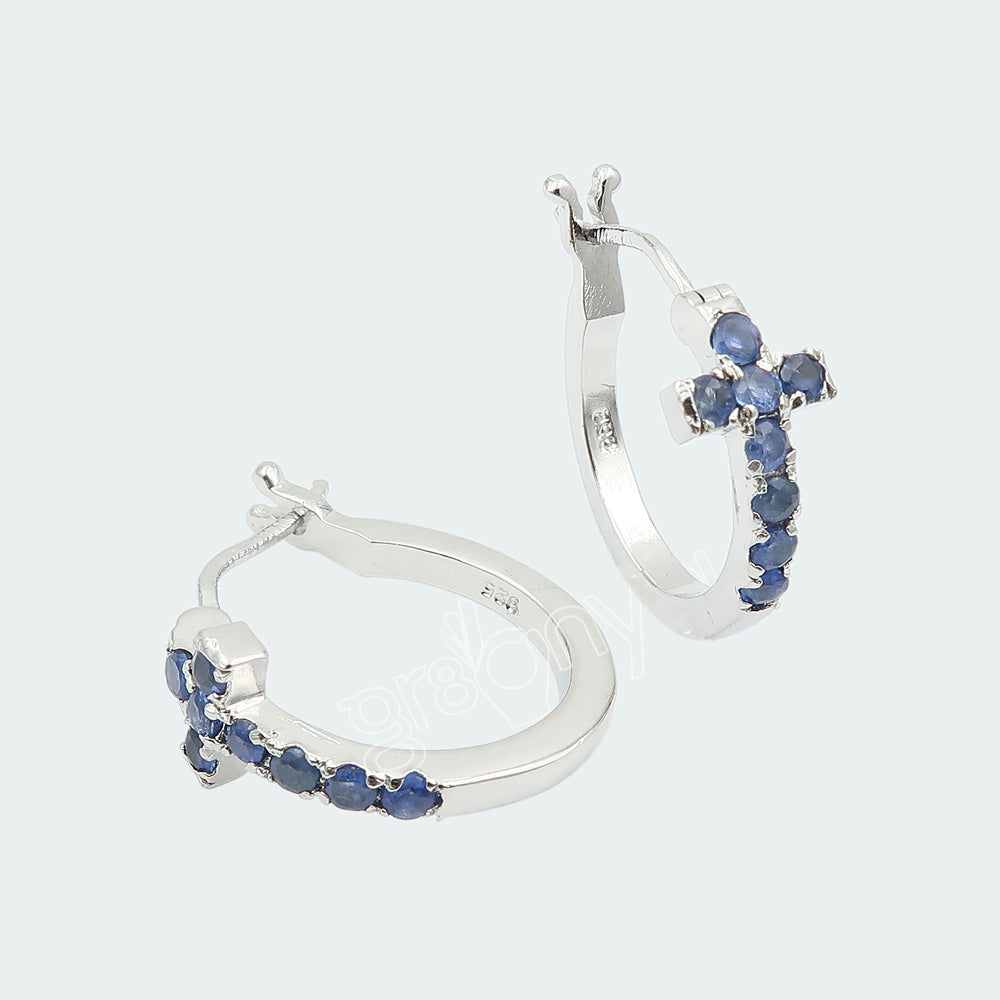 Real Sapphire Hallmarked Silver Cross Hoops Earrings | Ideal for Frequent Travelers