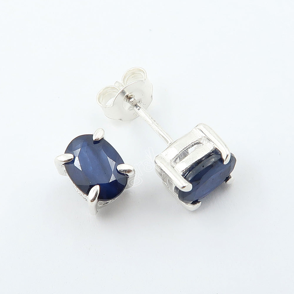 Fine Silver Natural Sapphire Prong Stud Earrings | Ready to Gift-Wrapped with Love