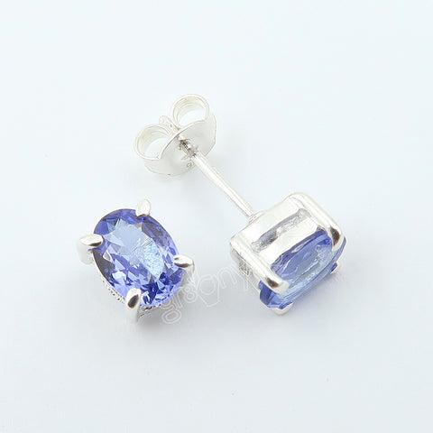 Solid Silver Earth-Mined Tanzanite Stud Earrings | Intricate Hand-Finished Details