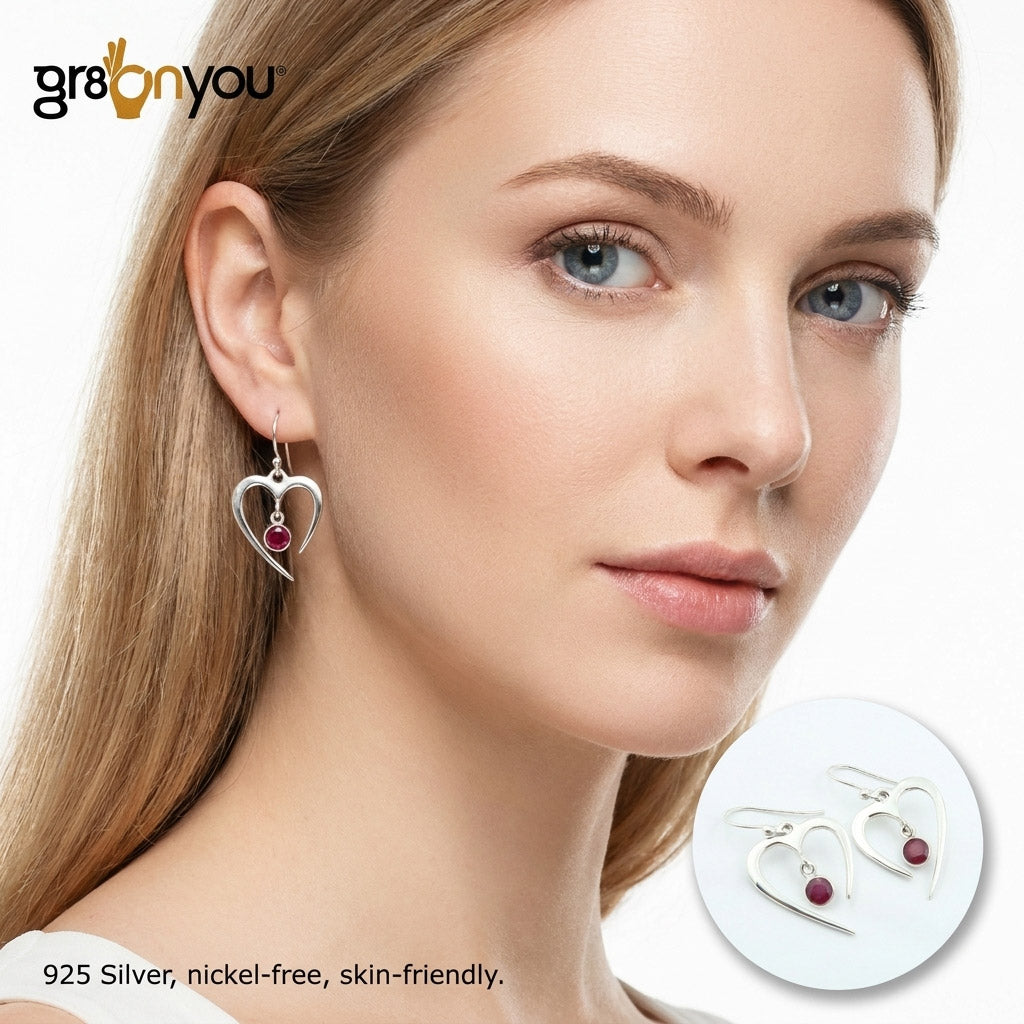 Pure Silver Earth-Mined RUBY Heart Earrings 3.8 cm| Trending Worldwide