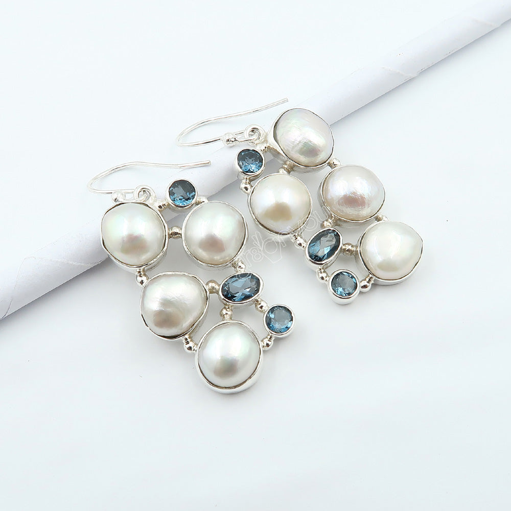 Sold Silver AAA Grade Biwa Pearl, London Blue Topaz Huge Earrings | Best Seller