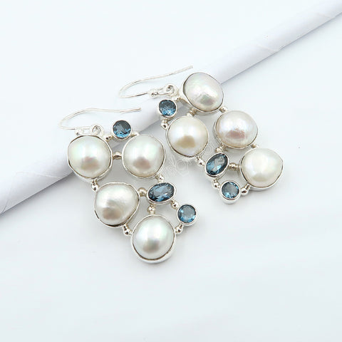 Sold Silver AAA Grade Biwa Pearl, London Blue Topaz Huge Earrings | Best Seller