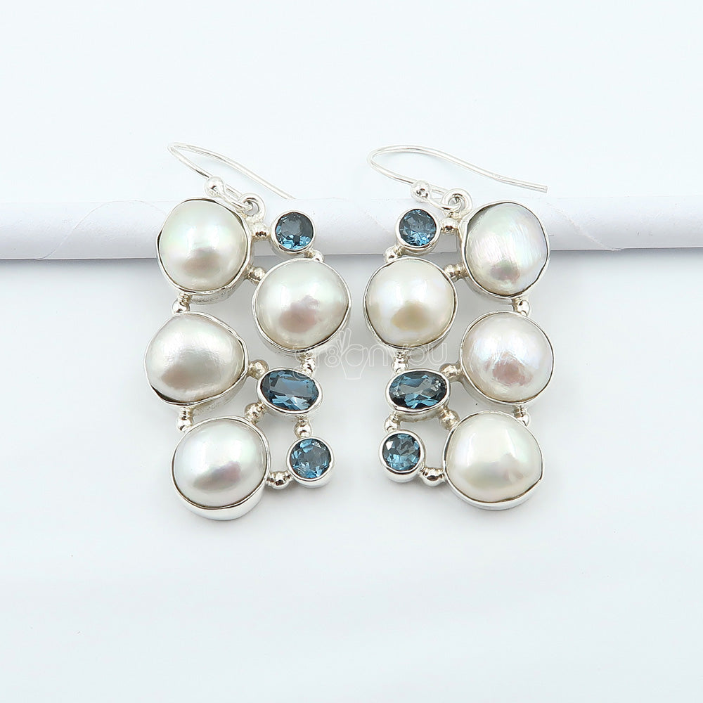 Sold Silver AAA Grade Biwa Pearl, London Blue Topaz Huge Earrings | Best Seller