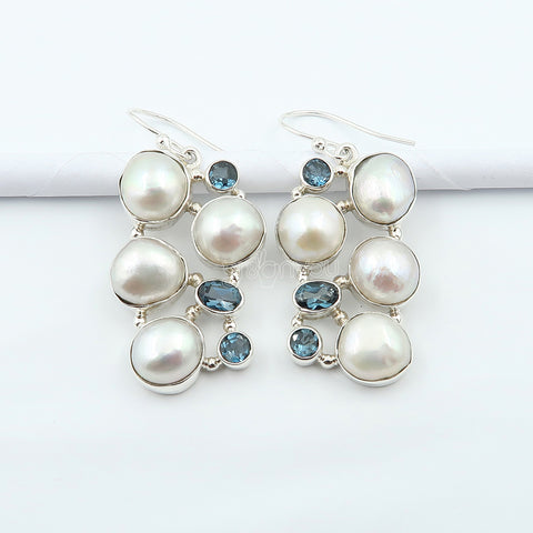 Sold Silver AAA Grade Biwa Pearl, London Blue Topaz Huge Earrings | Best Seller