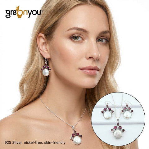 Earth-Mined BIWA PEARL, RUBY 925 Silver Earrings-Pendant Set Weight 15.4 gms