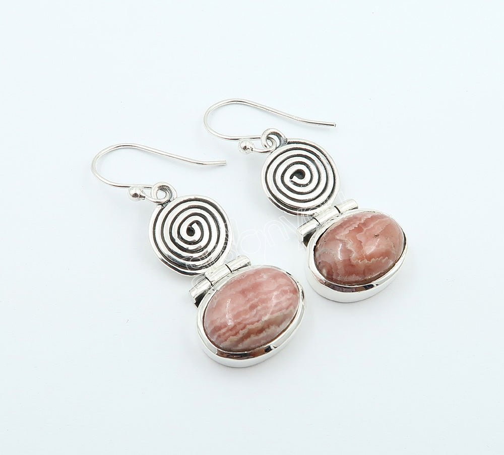 Pure Silver Natural Oval Rhodochrosite Spiral Jewellery Set | Free Silver Chain