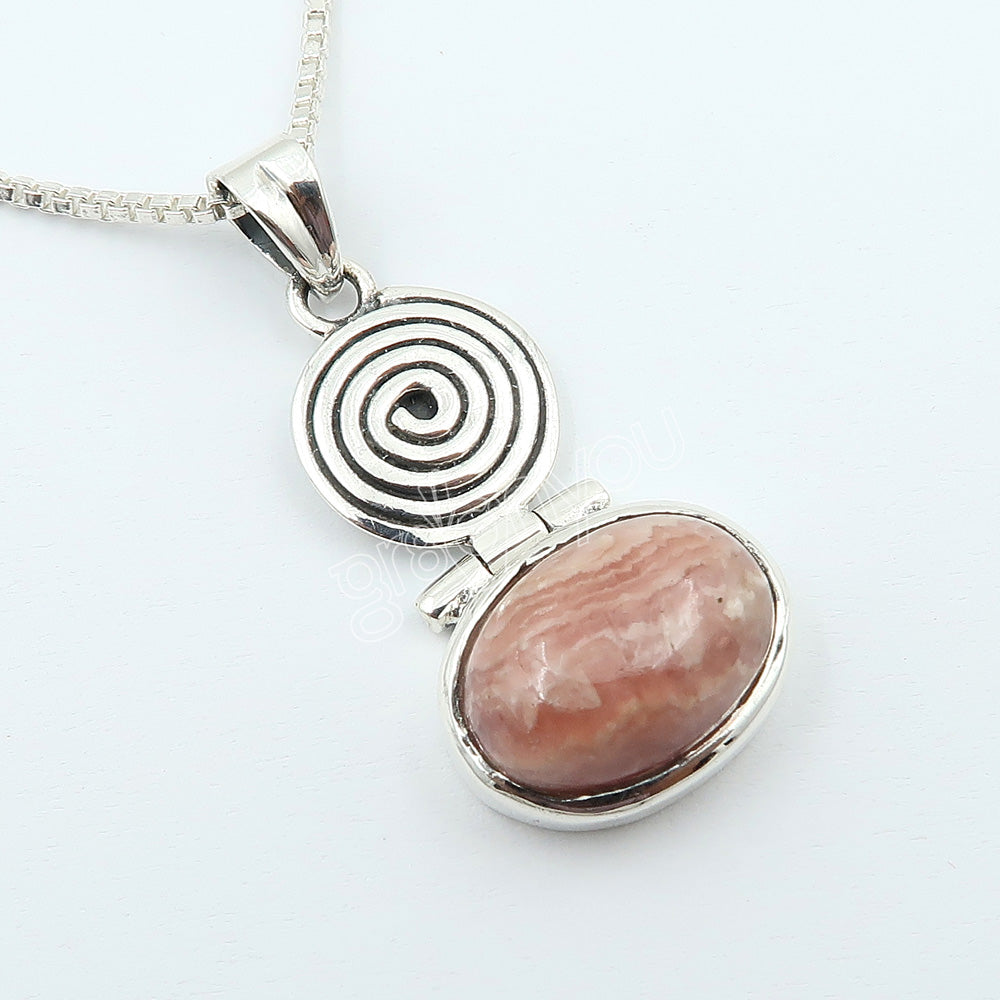 Pure Silver Natural Oval Rhodochrosite Spiral Jewellery Set | Free Silver Chain