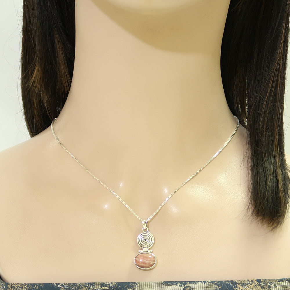 Pure Silver Natural Oval Rhodochrosite Spiral Jewellery Set | Free Silver Chain