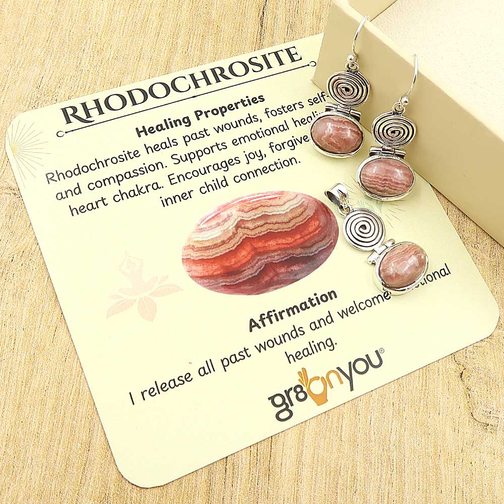 Pure Silver Natural Oval Rhodochrosite Spiral Jewellery Set | Free Silver Chain